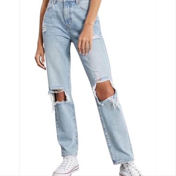 PacSun Womens Ripped High Waisted Straight Leg Mon Jeans Light Wash - Picture 1 of 9